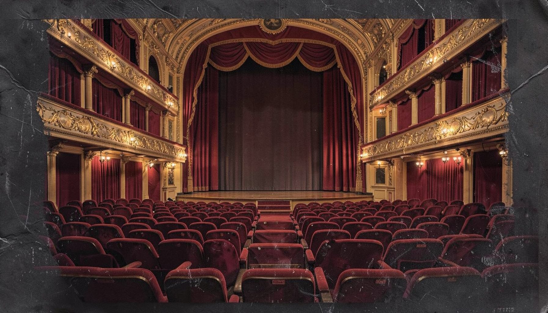 A grand Italian theater interior with rows of red velvet seats, ornate gilded balconies, and a softly lit stage framed by deep crimson curtains, conveying warmth and tradition